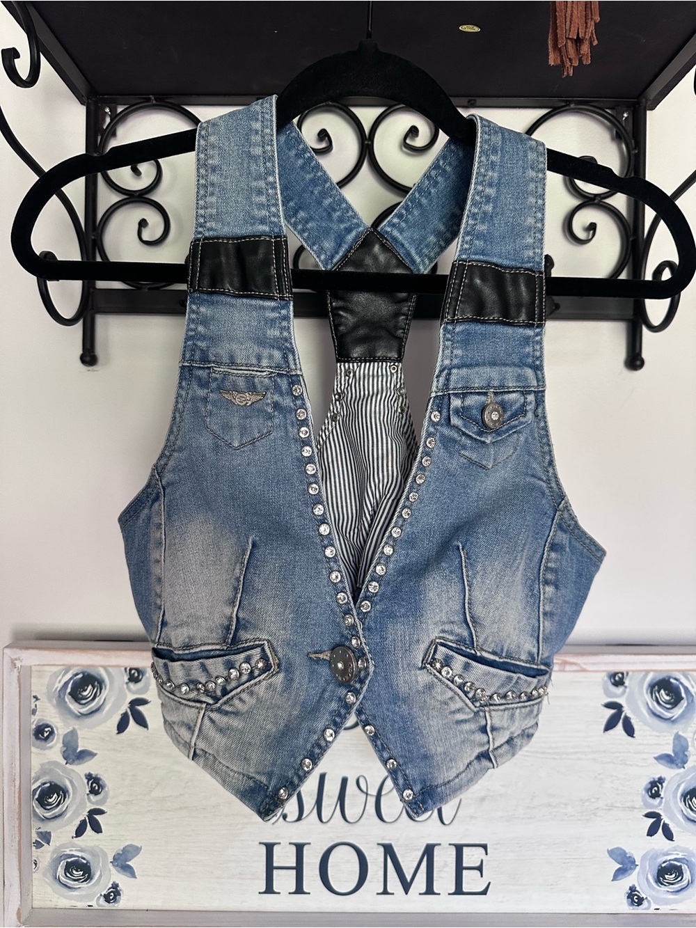 Women’s Blue Denim Studded Rhinestone Faux Leather details cropped vest